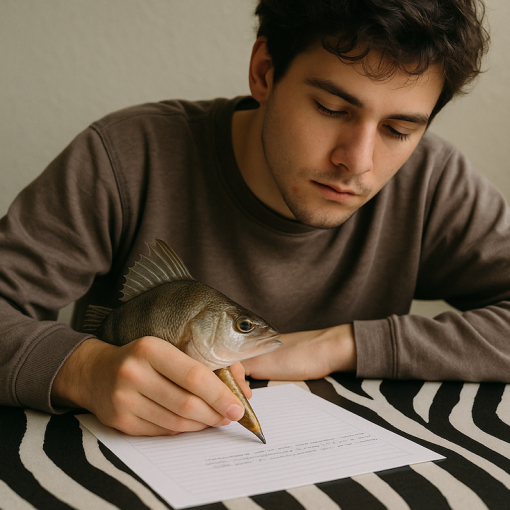 Étudiant faisant un travail avec un crayon poisson