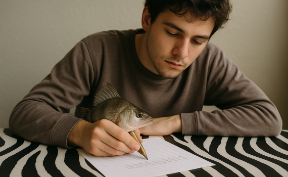 Étudiant faisant un travail avec un crayon poisson
