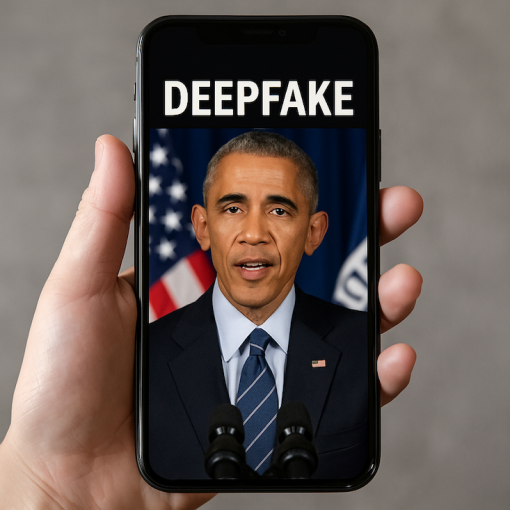 Illustration montrant un deepfake de Barack Obama sur un téléphone intelligent.