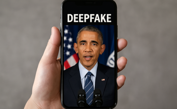 Illustration montrant un deepfake de Barack Obama sur un téléphone intelligent.